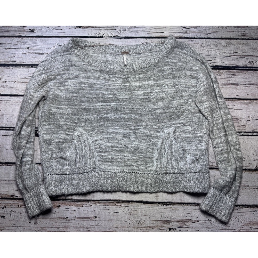 Free People Sweater Womens‎ Size M Gray Boxy Cropped Bohemian Boho Knit Stretch